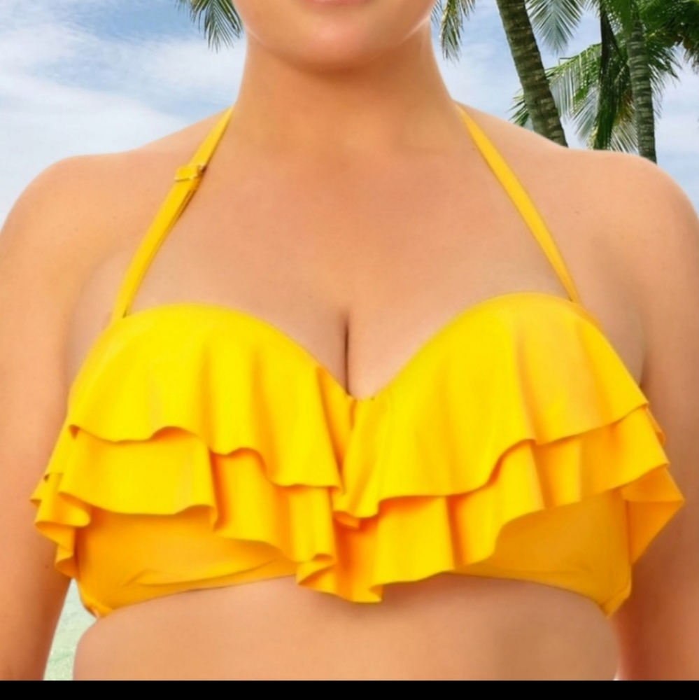 New TIME & TRU Plus Size Mustard Yellow Ruffle Bandeau Bikini Swim Top
